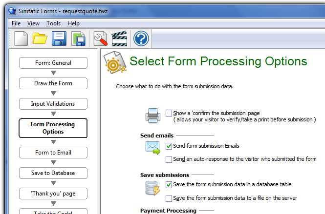 Simfatic Forms Form Processing Options