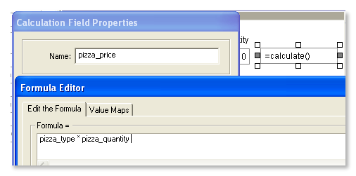 calculation field with formula pizza_type * pizza_quantity 