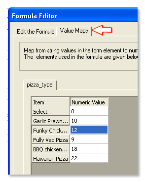 pizza type to price Value map