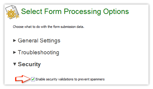 Security settings in Form processing options page